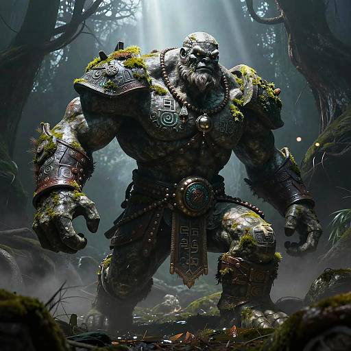 Ancient Stone Golem in Foggy Swamp