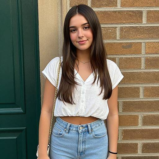 Photograph of a young woman with long, straight black hair, wearing a white, short-sleeved, button-up crop top and high-wa