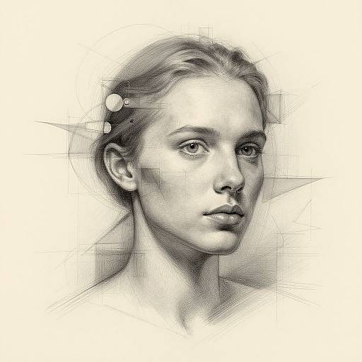 Digital black-and-white portrait of a young woman with delicate features, slight smile, and soft, wavy hair, rendered with intricate cross-hatching and