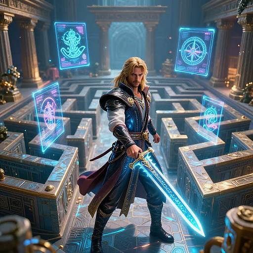 Digital fantasy artwork: Muscular blonde warrior with long hair, armored in dark, glowing blue sword, stands in a mystical, neon-lit, ancient