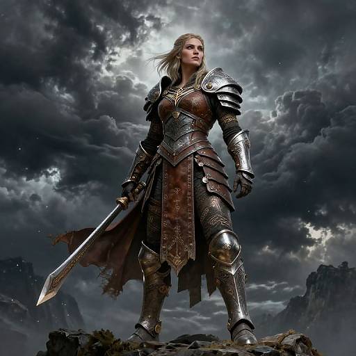 Digital artwork of a fierce, blonde female warrior in ornate, silver armor with a large sword, standing on rocky terrain under a stormy, dark