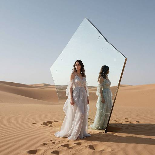 Photograph of a woman in a white, flowing dress standing in a desert beside a tilted mirror reflecting her image, with dunes under a clear blue