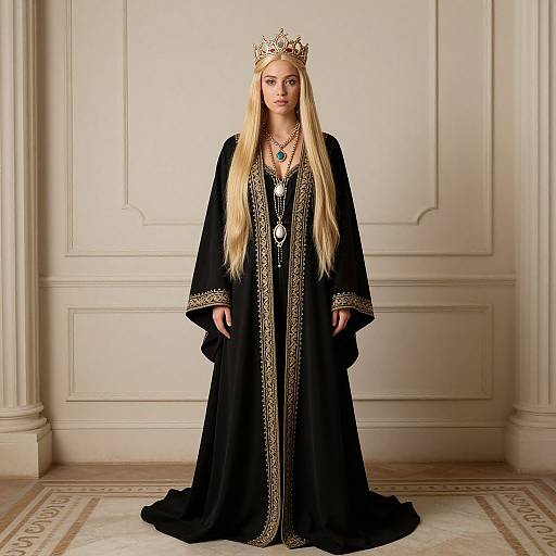 Photograph of a blonde woman with long hair, wearing a black, gold-trimmed royal robe and crown, standing in an elegant, white-w