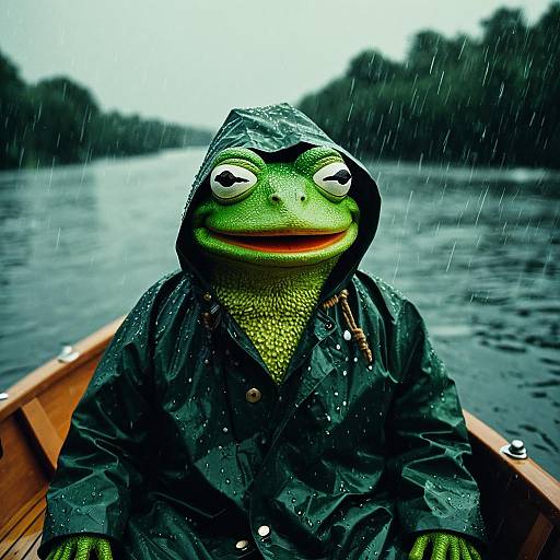 Pepe the Frog in Raincoat on Boat in Rain