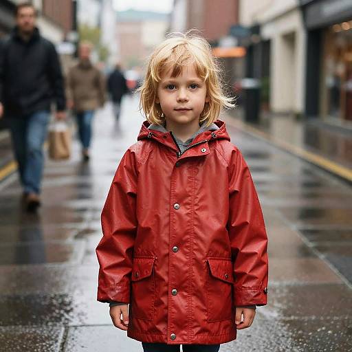 Child in Red Raincoat on City Street