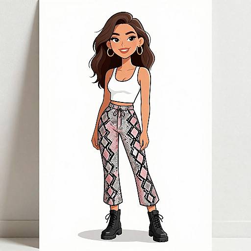 Digital drawing of a stylish woman with long brown hair, wearing a white crop top, snake-print pants, black boots, and hoop earrings.