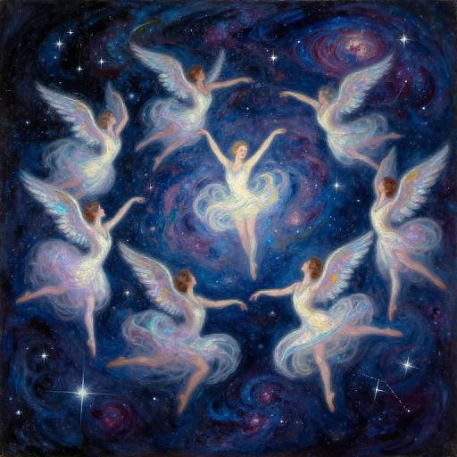 Digital artwork of six glowing, ethereal angels with white wings, floating in a swirling, starry, cosmic blue and purple background.