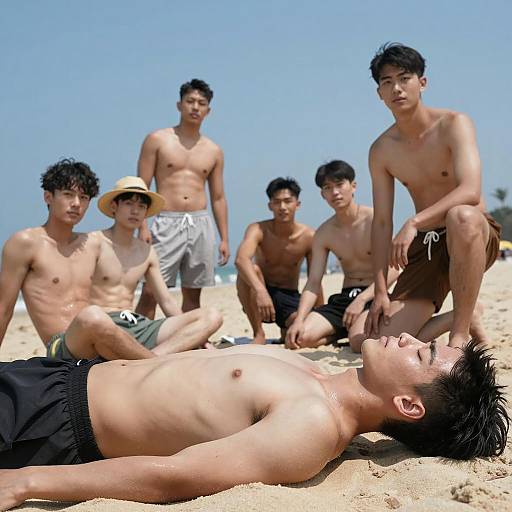 Group of shirtless young men on sunny beach