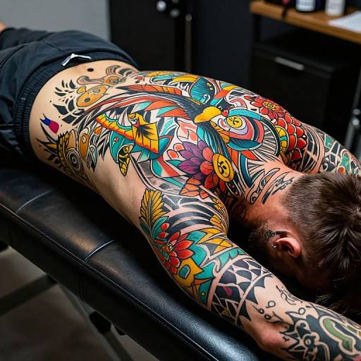 Photograph of a heavily tattooed man with colorful, intricate designs on his back and arms, lying face down on a black leather table in a tattoo