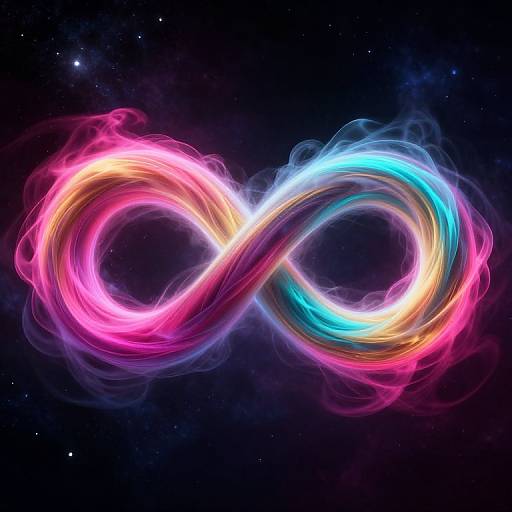 Digital art of a glowing, neon infinity symbol with vibrant pink, blue, yellow, and white swirls against a dark, star-filled space background.