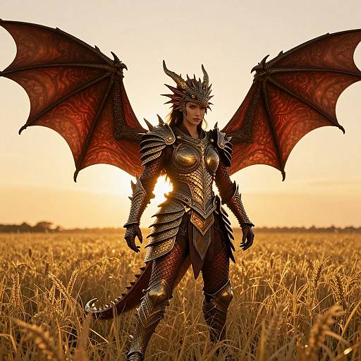 Photograph of a dragon warrior woman in golden, scale-like armor with large red wings, standing in a golden wheat field at sunset.