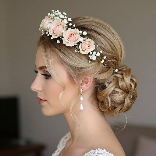 Photograph of a blonde woman with an elegant updo, adorned with a floral crown, wearing white lace and dangling earrings, looking in profile.