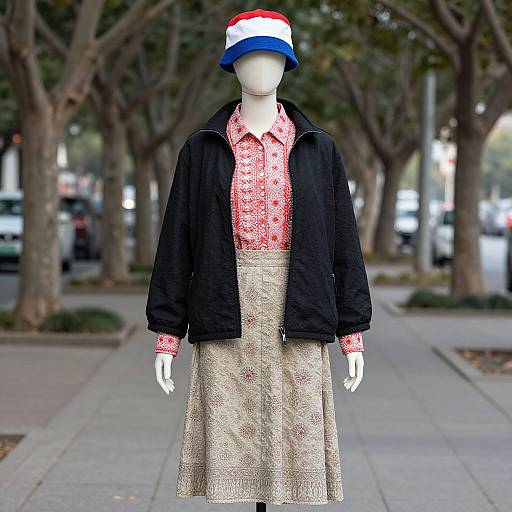 Mannequin in Patterned Outfit on Sidewalk