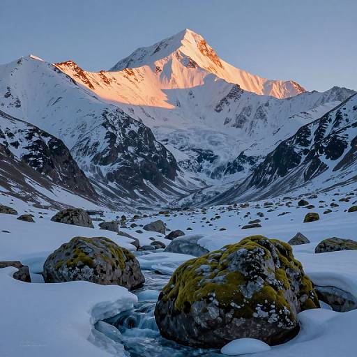 Photograph of a snow-covered mountain range at sunset, with moss-covered rocks in the foreground and a clear blue sky.