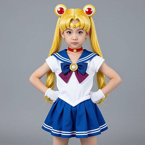 Photograph of a young girl with long blonde hair in a Sailor Moon cosplay, wearing a blue and white sailor uniform, red choker, and white