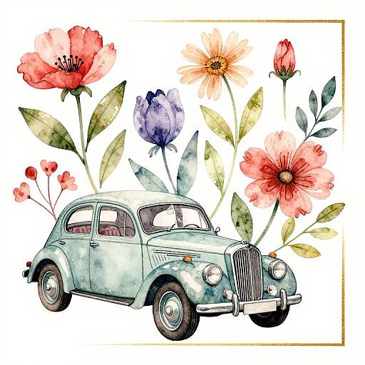 Vintage Car with Floral Watercolor Frame