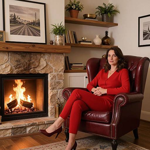 Photograph of a woman in a red suit and heels, sitting in a brown leather armchair by a lit stone fireplace, with framed photos and p