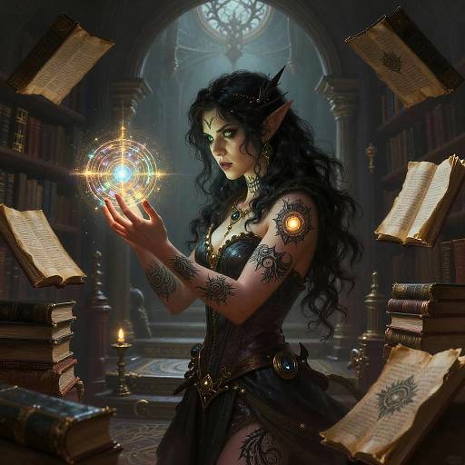 Digital fantasy artwork of a dark-haired, tattooed elven sorceress in a dimly-lit, ancient library, casting a glowing spell with