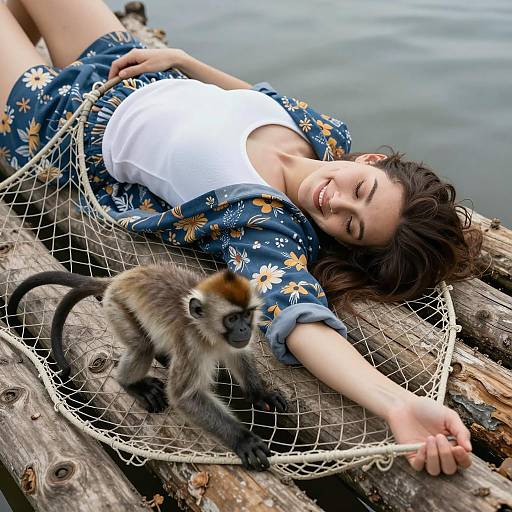 Woman Relaxing with Small Monkey on Fishing Net