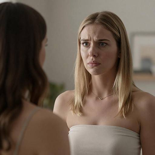 Concerned Blonde Woman Conversing Indoors