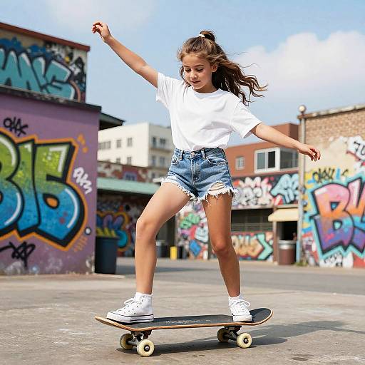 Playful 12-Year-Old Girl with Skateboard