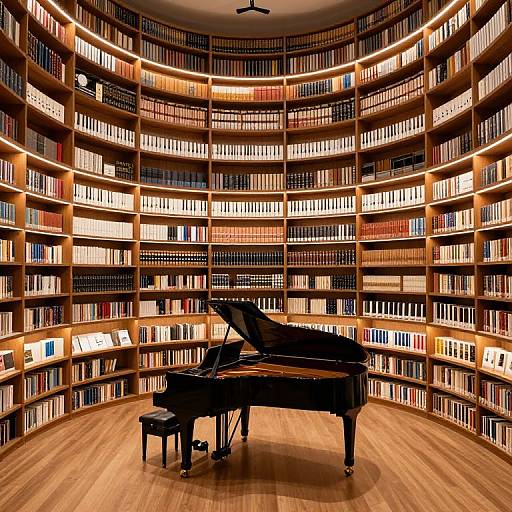 Photograph of a grand piano centered in a circular wooden library with illuminated bookshelves, featuring a variety of books in rows. Warm, ambient lighting