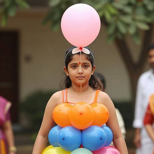 Photograph of a young girl with dark hair, wearing an orange top, holding a pink balloon above a stack of orange, blue, and yellow balloons