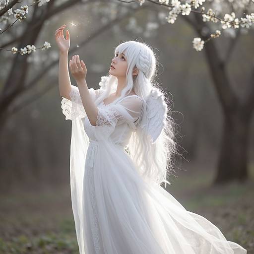 Photograph of a fair-skinned woman with long white hair, wearing a flowing white dress and veil, reaching up to touch a glowing flower in a