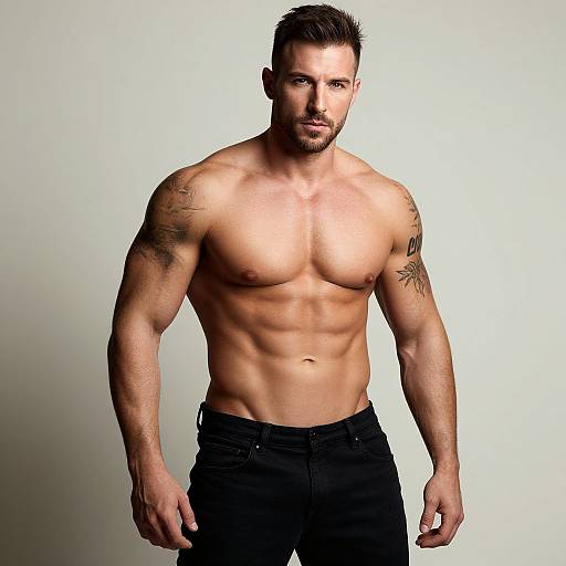Photograph of a muscular, shirtless man with short brown hair, tattoos on both shoulders, wearing black pants, standing against a plain white background.