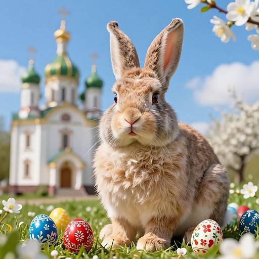 Photograph of a brown rabbit with upright ears, surrounded by colorful Easter eggs, in front of a white church with green domes and clear blue sky