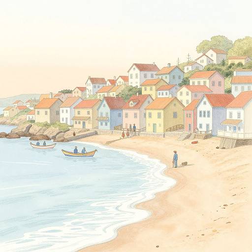 Digital watercolor-style drawing of a quaint coastal village with red-roofed houses, two small boats on the blue water, and a solitary figure on