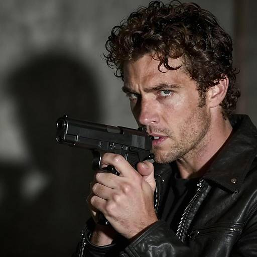 Intense Portrait of a Gun-Wielding Man