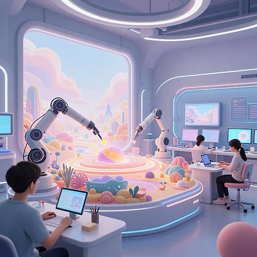 Modern, futuristic lab with neon lights; two people working on laptops, two robotic arms assembling colorful, pastel-colored objects in a central glowing display.