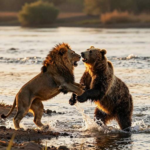 Photograph of two brown bears mid-fight by a river at sunset, with sunlight reflecting off the water and bears' wet fur.