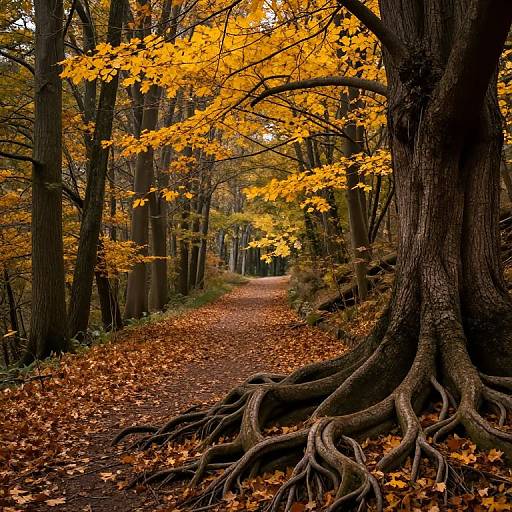 Photograph of a forest path lined with tall trees, their trunks and roots in the foreground, covered in vibrant orange autumn leaves, creating a golden