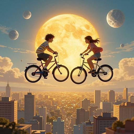Photograph-style illustration of two silhouetted children on bicycles flying above a cityscape with a giant sun and planets in the sky.