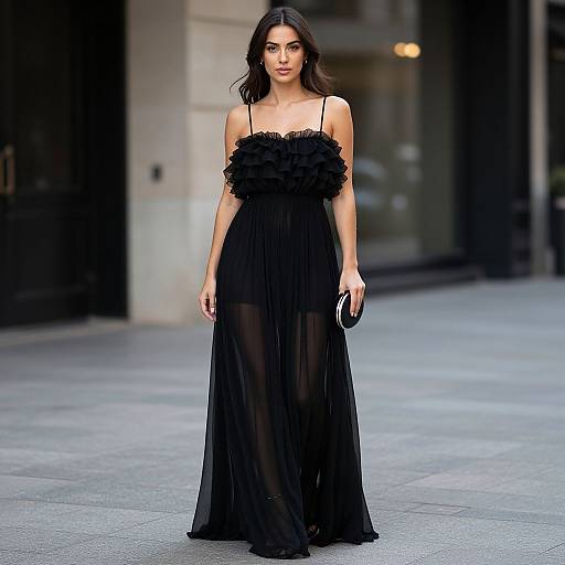 Photograph of a tall, dark-haired woman in a black, ruffled, sheer evening gown, standing confidently on a city street.