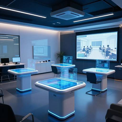 Modern tech presentation room with four glowing blue-lit tables, black chairs, a large screen displaying a virtual meeting, and sleek white walls.