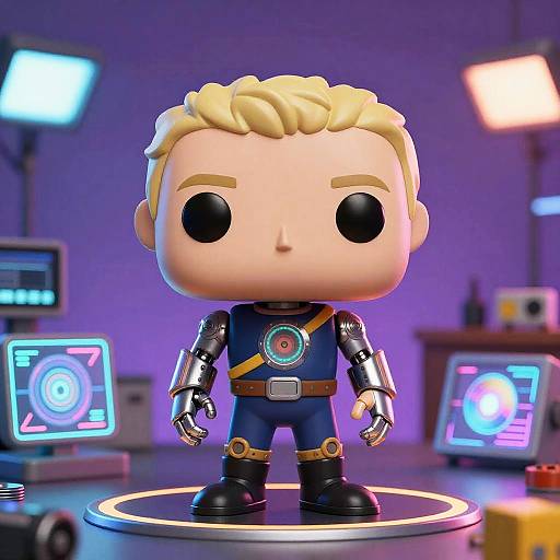 Photograph of a chibi-style, blonde-haired, black-eyed superhero figurine with a blue suit, metallic arms, and a glowing circular emblem,