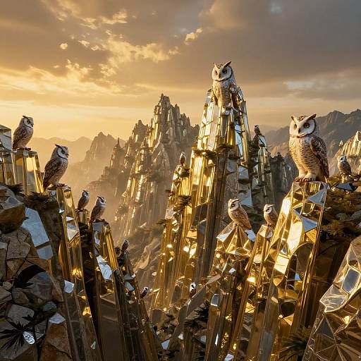 Photograph of golden, reflective spires with owls perched on top, set against a dramatic, sunset-lit mountainous landscape.