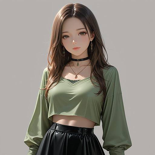 Realistic Portrait of Woman in Green Crop Top and Black Skirt