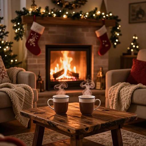 Cozy Christmas living room photo: wooden coffee table with steaming mugs, roaring fireplace, Christmas stockings, adorned armchairs, warm holiday lights