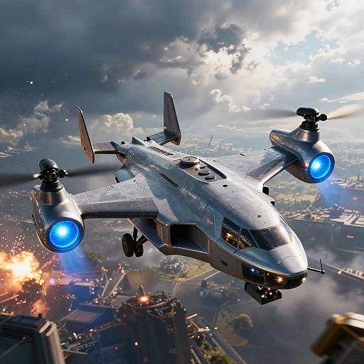 Futuristic VTOL Dropship Over Battlefield