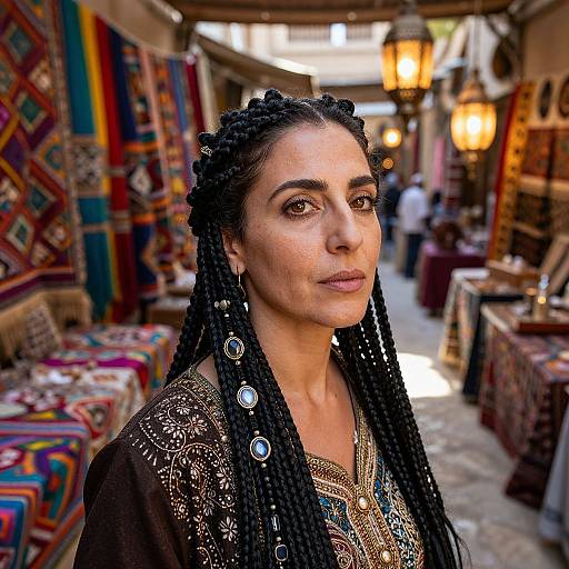 Photograph of a Middle Eastern woman with braided hair, wearing an ornate black top, standing in a vibrant, colorful market stall.