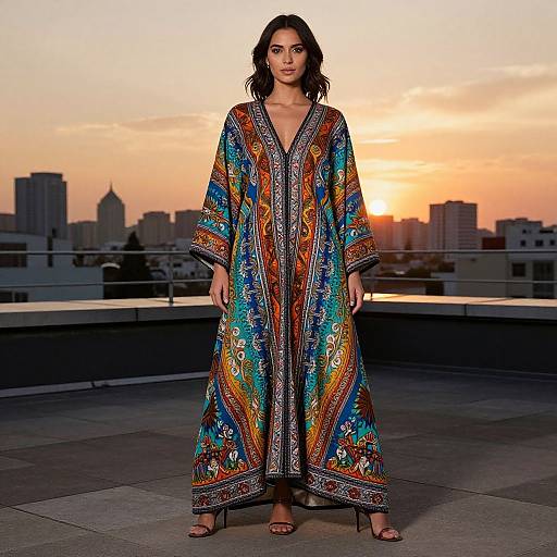 Photograph of a woman with wavy dark hair, wearing a colorful, long, patterned robe, standing on a rooftop at sunset, city skyline