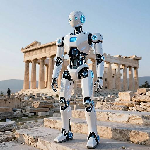 Futuristic Robot at Ancient Acropolis