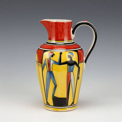 Photograph of a vibrant ceramic jug with a red top, black handle, yellow and blue abstract human figures, and a glossy finish.