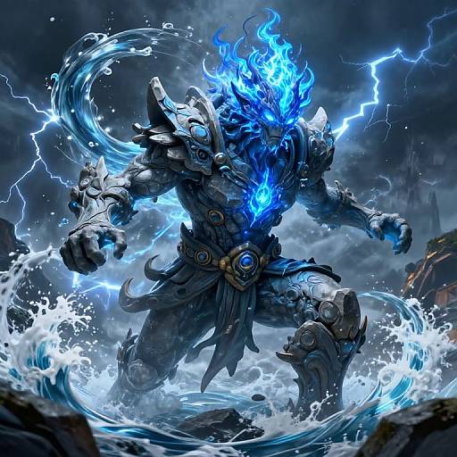 Digital fantasy artwork of a muscular, armored warrior with blue fire on his head, surrounded by lightning and water, standing in a stormy sea. Dynamic