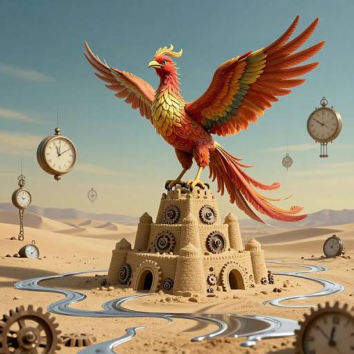 Digital illustration: Vibrant phoenix with outstretched wings stands on a sandcastle with clock gears, surrounded by floating clocks and winding river in a desert