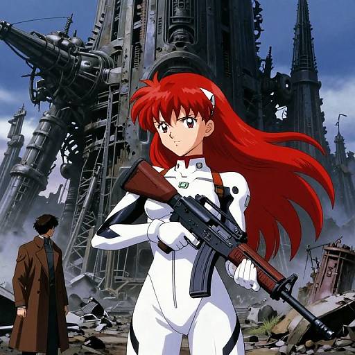 Anime-style illustration of a red-haired woman in a white bodysuit, holding a rifle, standing in front of a ruined, industrial cityscape with